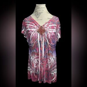 Floral Paisley Short Sleeve Women's Top in Pink and Purple